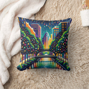 "Starry Night Cityscape: San Antonio Riverwalk" Cushion