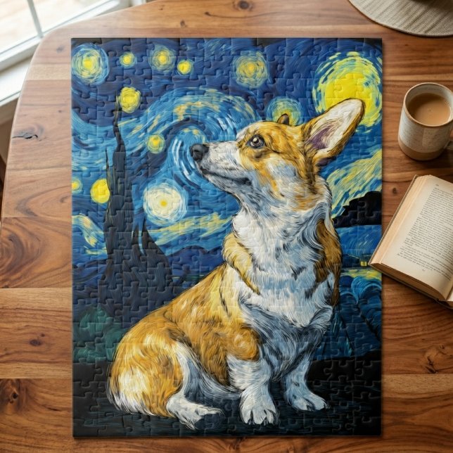 Starry Night Corgi Dog Impressionist Art Jigsaw Puzzle (corgi starry night jigsaw puzzle)
