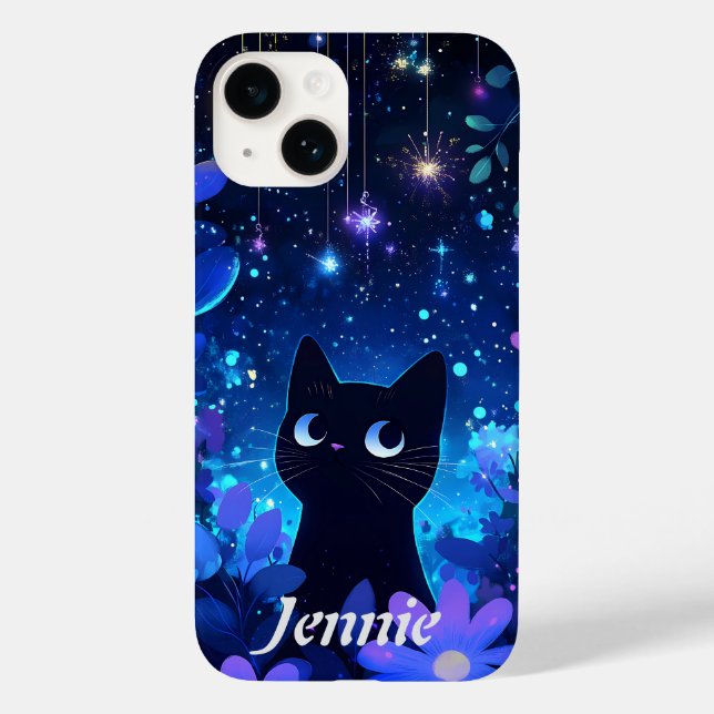 Starry Night Cute Anime Black Cat Case-Mate iPhone Case (Back)