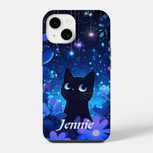 Starry Night Cute Anime Black Cat iPhone 14 Case