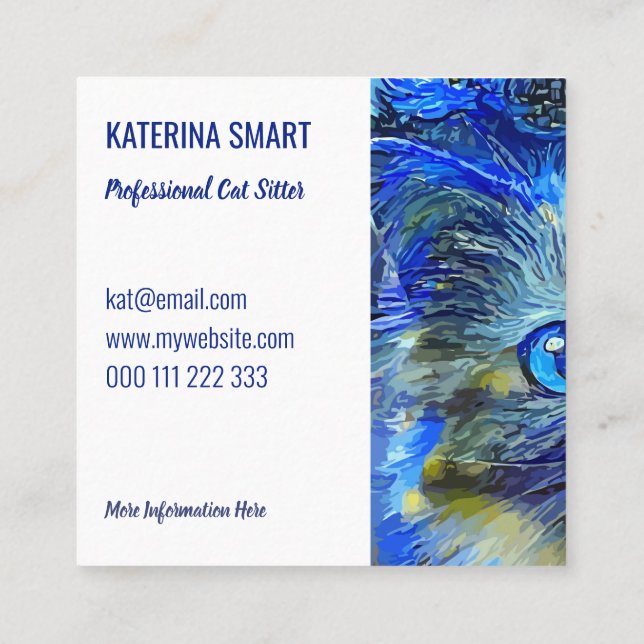 Starry Night Cute Pet Cat Portrait Template Square Square Business Card (Back)