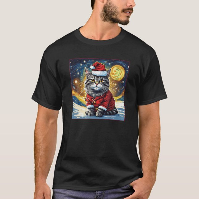 Starry Night Cute Tabby Cat Christmas Shirt (Front)