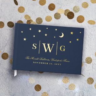 Starry Night Dark Blue & Gold Monogram Wedding Guest Book