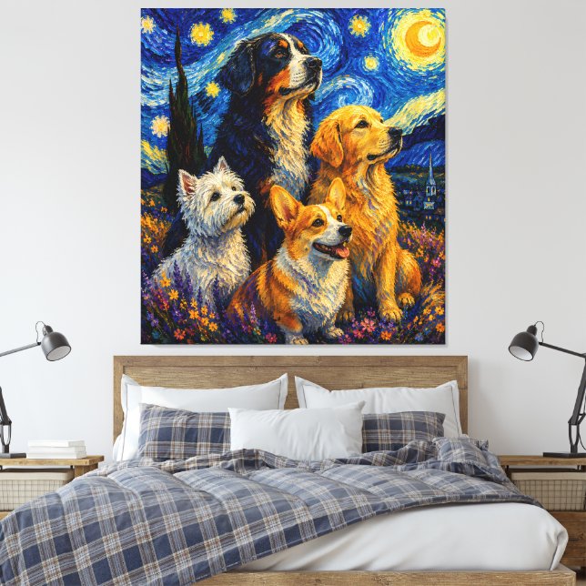 Starry Night Dogs Fantasy Art Collection Canvas Print (Insitu(Bedroom))