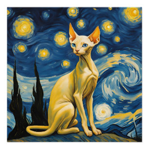 Starry Night Elf Sphinx Cat Van Gogh Art Painting Poster