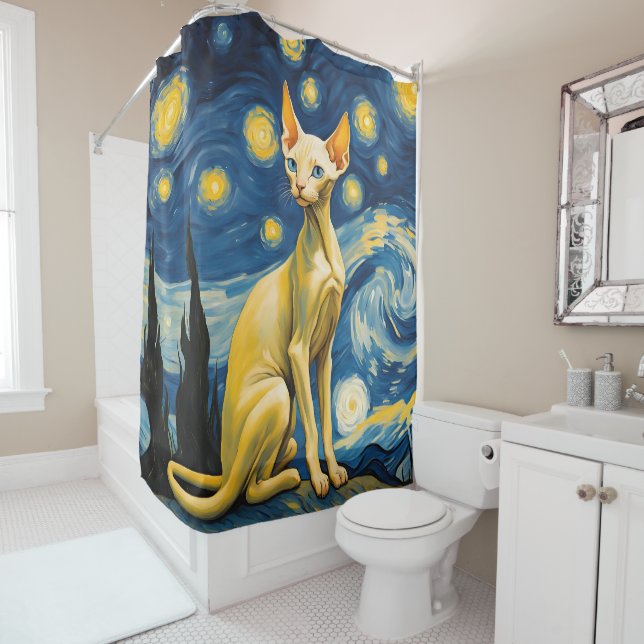 Starry Night Elf Sphynx Cat Shower Curtain Decor (In Situ)