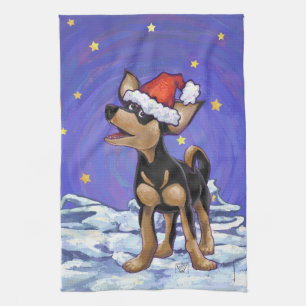 Starry Night Festive Chihuhua in Santa Hat Tea Towel