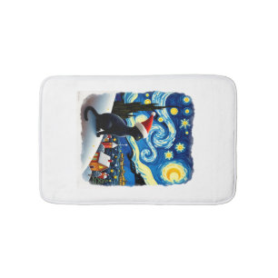 Starry Night Festive Christmas Black Cat Santa Hat Bath Mat