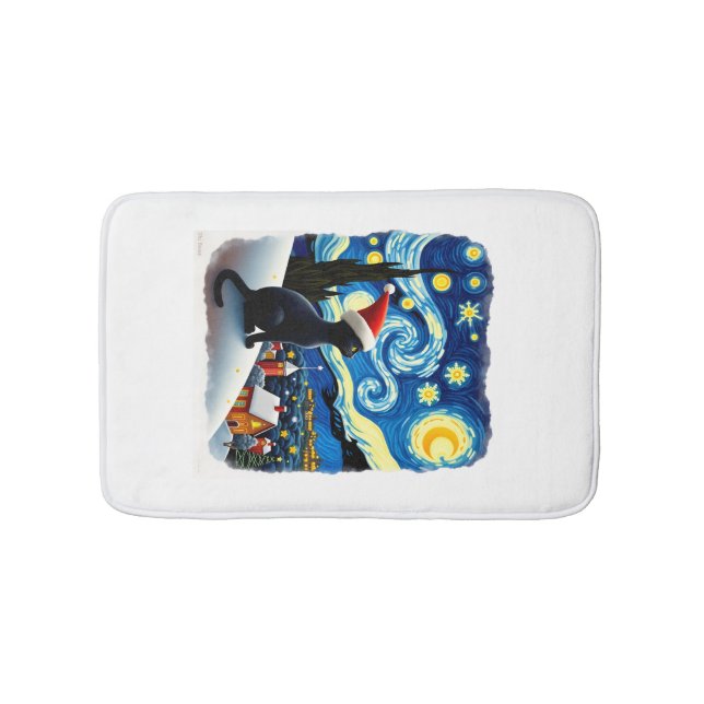 Starry Night Festive Christmas Black Cat Santa Hat Bath Mat (Front)