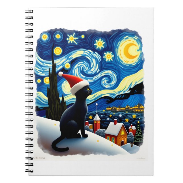 Starry Night Festive Christmas Black Cat Santa Hat Notebook (Front)