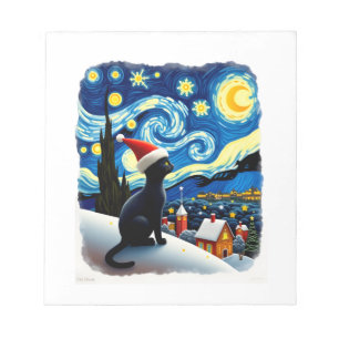 Starry Night Festive Christmas Black Cat Santa Hat Notepad