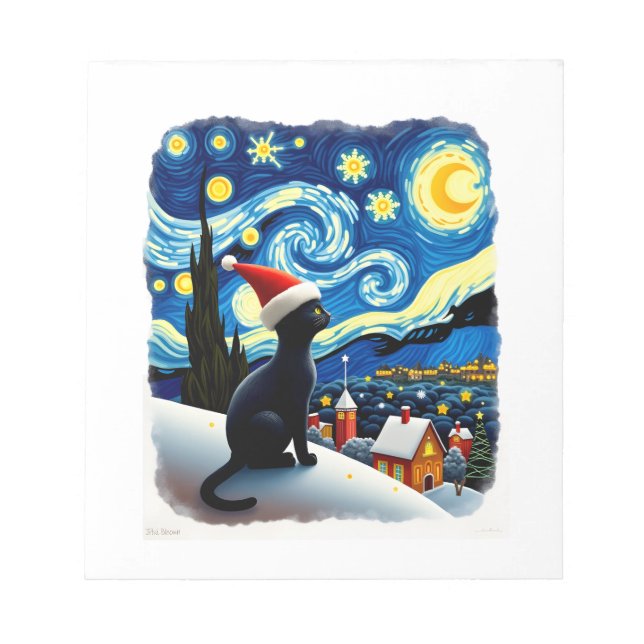 Starry Night Festive Christmas Black Cat Santa Hat Notepad (Front)
