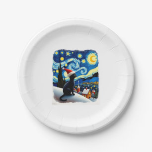 Starry Night Festive Christmas Black Cat Santa Hat Paper Plate