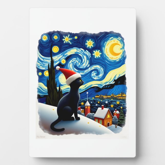 Starry Night Festive Christmas Black Cat Santa Hat Plaque (Front)