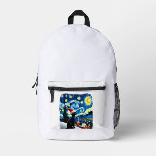 Starry Night Festive Christmas Black Cat Santa Hat Printed Backpack