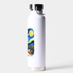 Starry Night Festive Christmas Black Cat Santa Hat Water Bottle