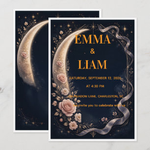  Starry Night Floral Moon Bohemian Wedding Invitation