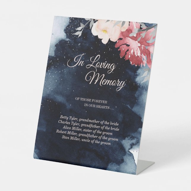 Starry Night Floral Wedding In Loving Memory Pedestal Sign (Front)