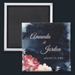 Starry Night Floral Wedding Magnet<br><div class="desc">This Starry Night Floral wedding magnet inspires either a midnight summer theme or a dark winter of snow theme, making it a seasonally versatile design. The navy blue, almost black, watercolor with a celestial star or snowflake filled sky, combined with the pop of minimal pink flowers and calligraphy is sure...</div>