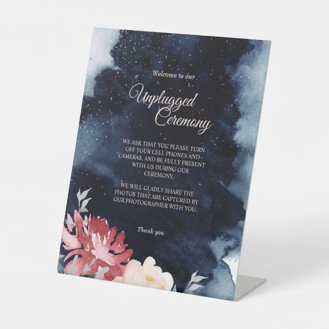 Starry Night Floral Wedding Unplugged Ceremony Pedestal Sign (Front)