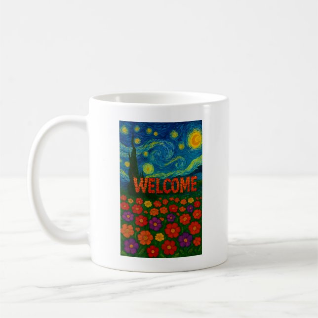 Starry Night Floral Welcome Artistic Design Coffee Mug (Left)
