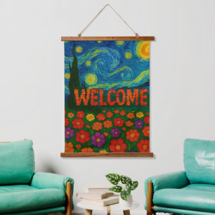 Starry Night Floral Welcome Artistic Design Hanging Tapestry