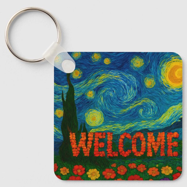 Starry Night Floral Welcome Artistic Design Key Ring (Front)