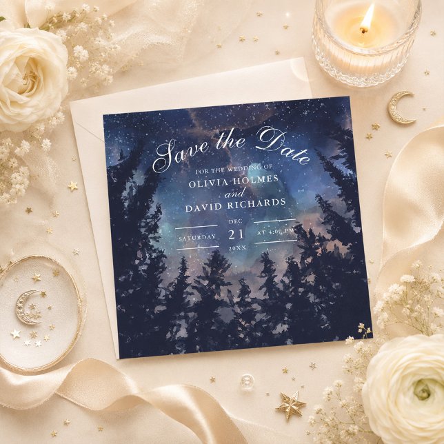 Starry Night Forest Celestial Save the Date (Starry Night Forest Celestial Save the Date on a table with flowers and celestial decor)