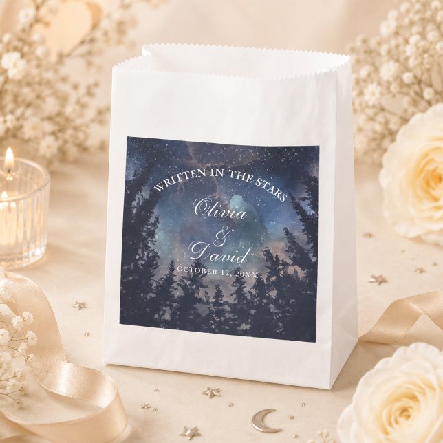 Starry Night Forest Celestial Wedding Favour Bag (Starry Night Forest Celestial Wedding Favor Bag on an elegant celestial wedding table)