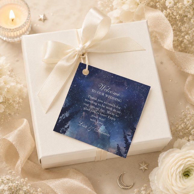 Starry Night Forest Celestial Wedding Favour Tag (Starry Night Forest Celestial Wedding Favor Tag on an elegant wedding gift box)