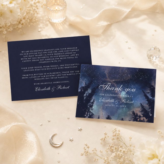 Starry Night Forest Celestial Wedding Thank You Card (Starry Night Forest Celestial Wedding Thank You Card on a table with flowers and celestial decor)