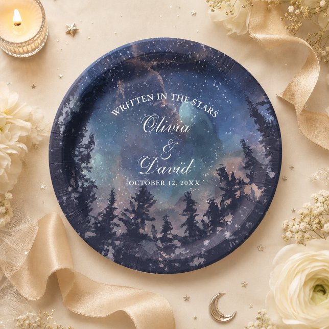 Starry Night Forest Wedding Paper Plate (Starry Night Forest Wedding Paper Plates on an elegant celestial wedding table with flowers)