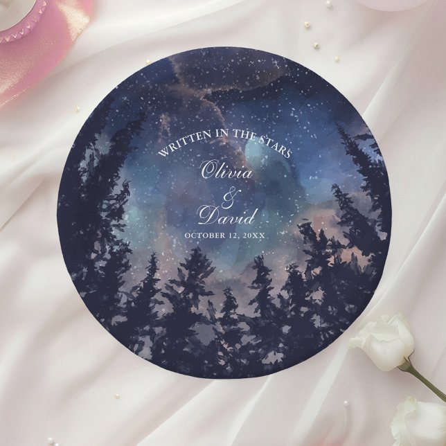 Starry Night Forest Wedding Paper Plate (Starry Night Forest Wedding Paper Plates on a table with a white rose.)