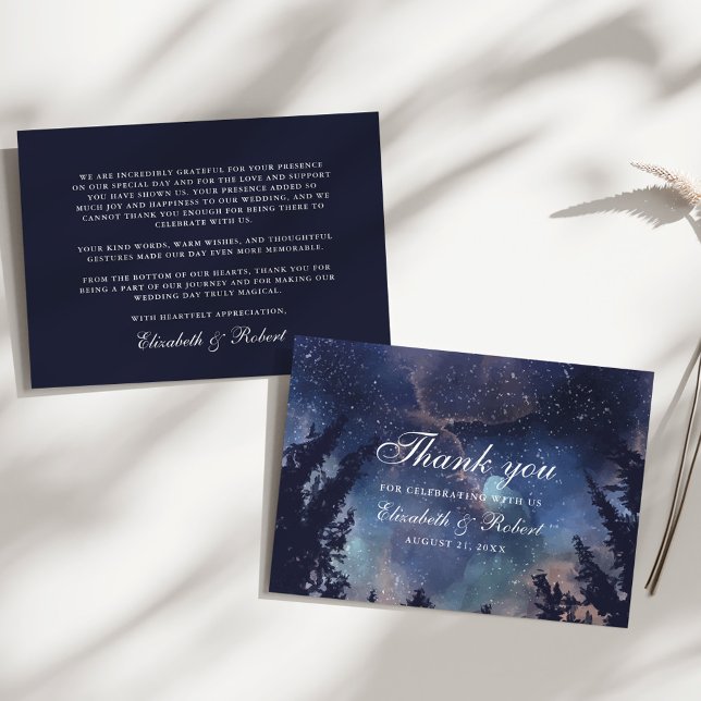 Starry Night Forest Wedding Thank You Card (Starry Night Forest Wedding Thank You Card on a sunny white table.)