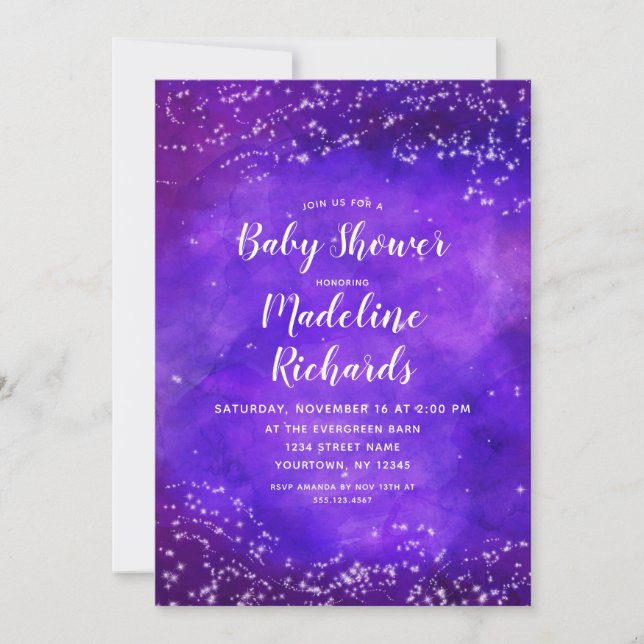 Starry Night Galaxy Purple Baby Shower Invitation (Front)