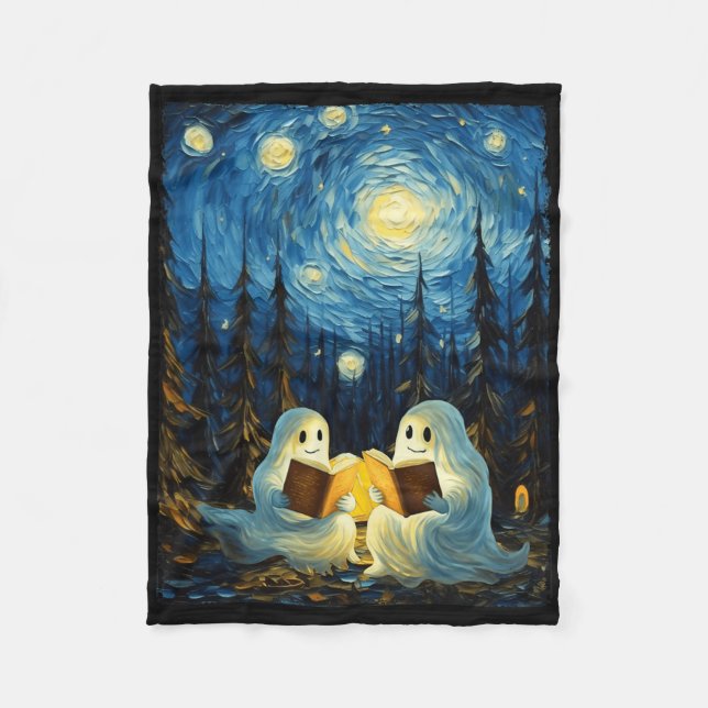 Starry Night Ghost Book Reading Camping Halloween  Fleece Blanket (Front)