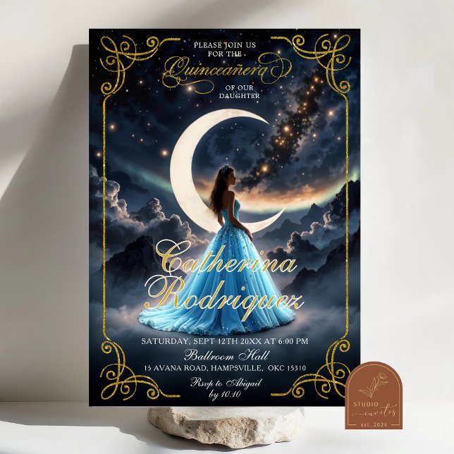 Starry Night Gold Baby Blue Quinceañera Invite (Creator Uploaded)