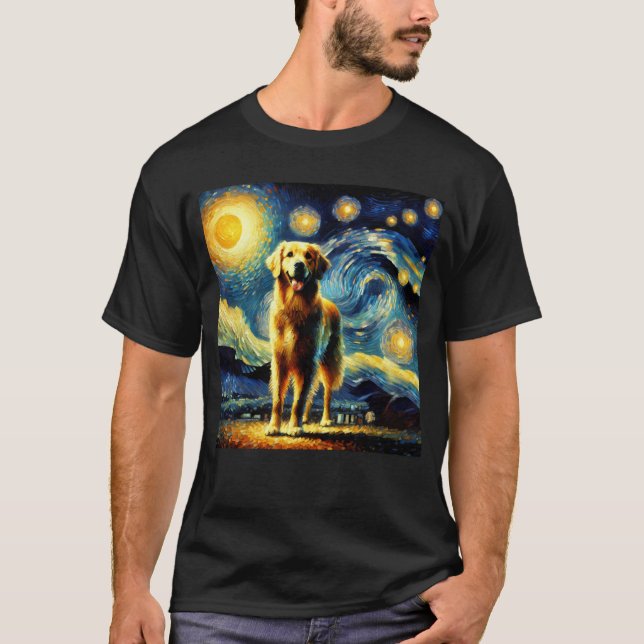 Starry Night Golden Retriever Van Gogh Lover T-Shirt (Front)