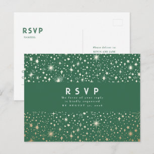 Starry Night Green and Gold Wedding RSVP Postcard
