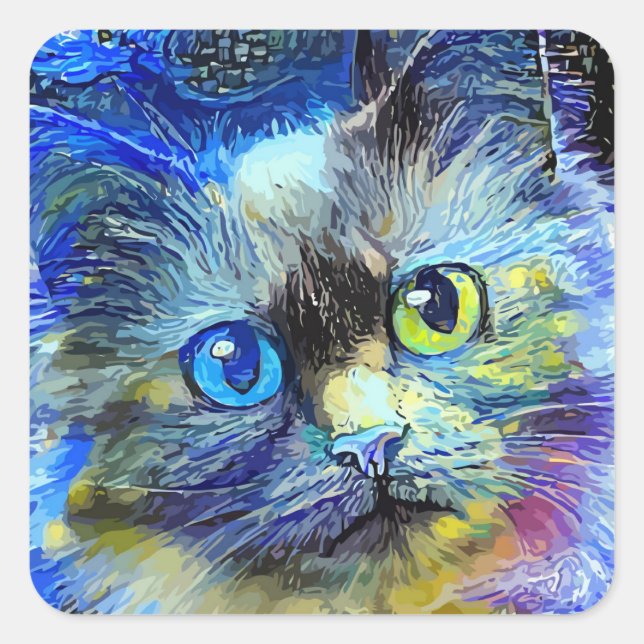 Starry Night Impressionist Tabby Cat Portrait Square Sticker (Front)