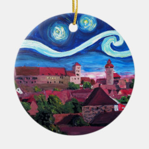 Starry Night in Nuremberg Germany with Castle Ceramic Tree Decoration