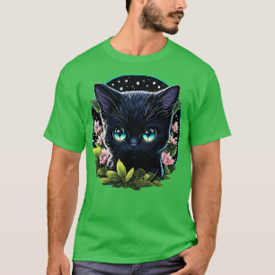 Starry Night Kitten with Big Blue Eyes and Pink Fl T-Shirt