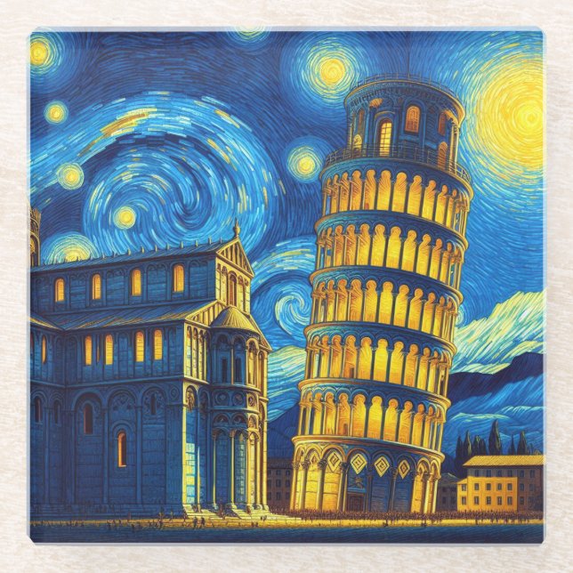 Starry Night Leaning Tower Of Pisa Italy Glass Coaster (Front)