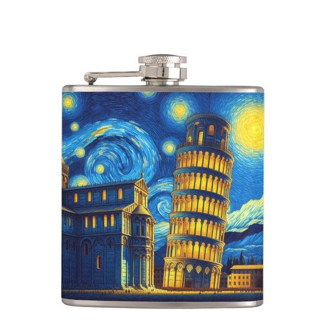 Starry Night Leaning Tower Of Pisa Italy Hip Flask (Front)