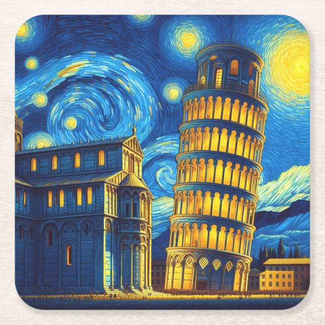 Starry Night Leaning Tower Of Pisa Italy Square Paper Coaster (Front)