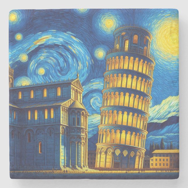 Starry Night Leaning Tower Of Pisa Italy Stone Coaster (Front)