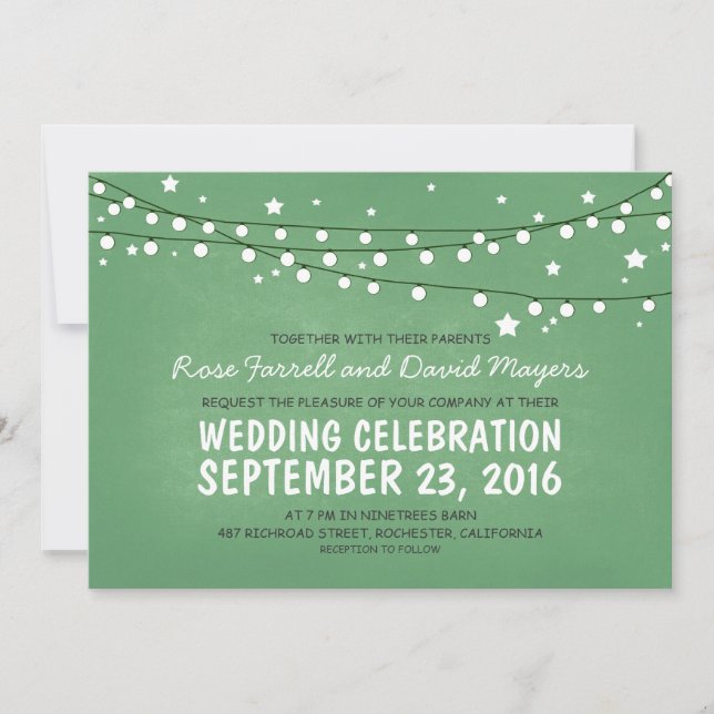 Starry Night Lights Green Rustic Wedding Invites (Front)
