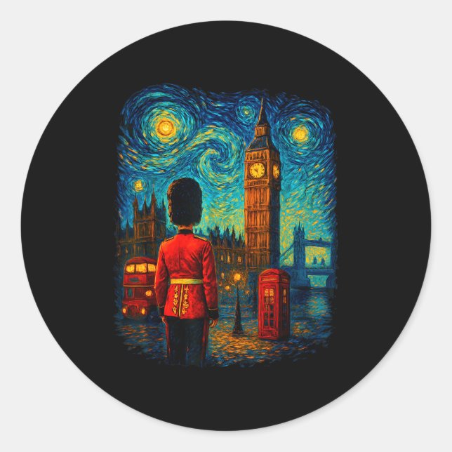 Starry Night London Red Telephone Box Queen's Guar Classic Round Sticker (Front)
