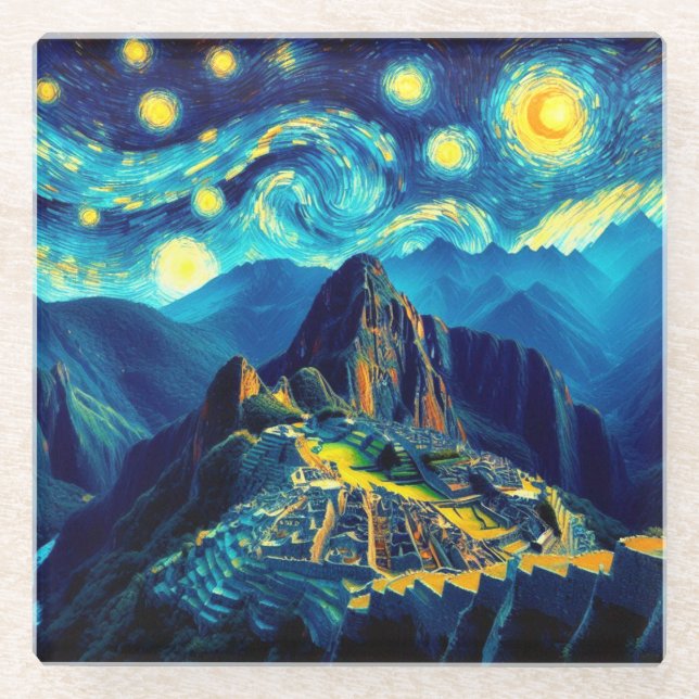 Starry Night Machu Picchu Peru Glass Coaster (Front)