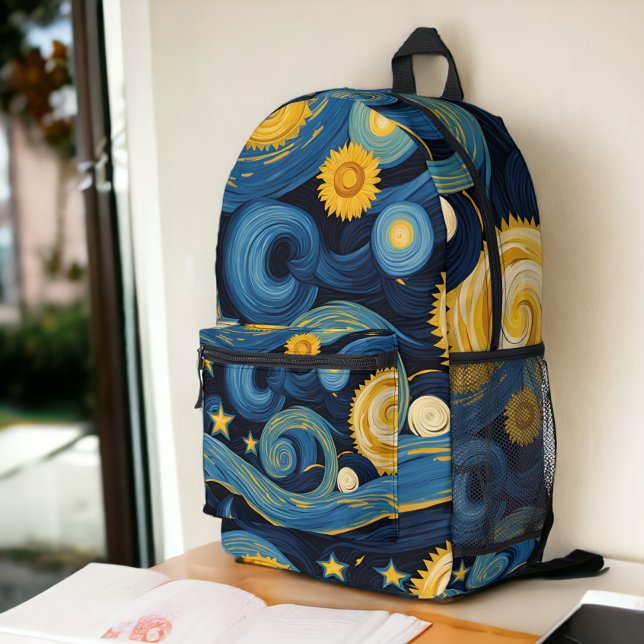 Starry Night Meets Sunflowers Van Gogh Mashup Printed Backpack (Starry Night Meets Sunflowers Van Gogh Mashup Printed Backpack from Ricaso. A modern take on vintage)
